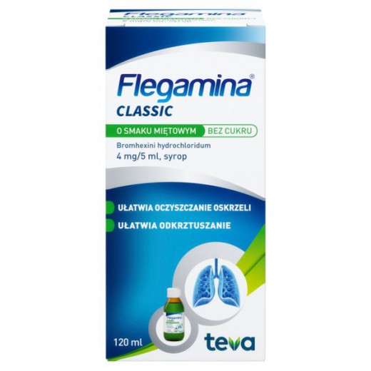 Flegamina 4mg/5ml, syrop, smak miętowy, bez cukru, 120ml