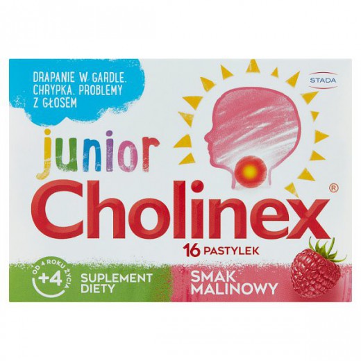Cholinex Junior, dla dzieci od 4 lat, smak malinowy, 16 pastylek do ssania