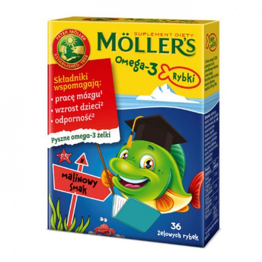 Tran Mollers Omega-3 Rybki, malinowe, 36 sztuk