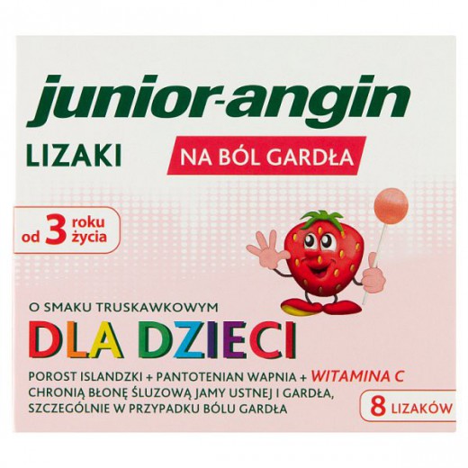 Junior-angin, lizaki dla dzieci od 3 roku życia, smak truskawkowy, 8 sztuk