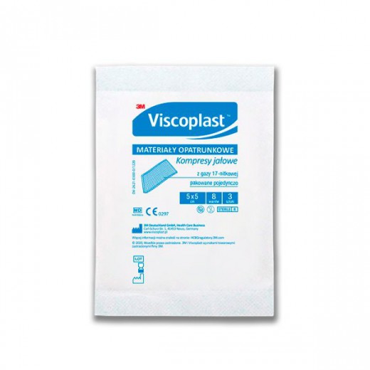 Viscoplast, kompresy jałowe z gazy, 17-nitkowe, 8-warstwowe, 5 cm x 5 cm, 3 sztuki