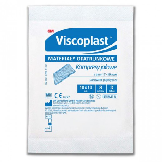 Viscoplast, kompresy jałowe z gazy, 17-nitkowe, 8-warstwowe, 10 cm x 10 cm, 3 sztuki