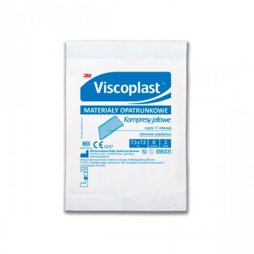 Viscoplast, kompresy jałowe z gazy, 17-nitkowe, 8-warstwowe, 7,5 cm x 7,5 cm, 3 sztuki