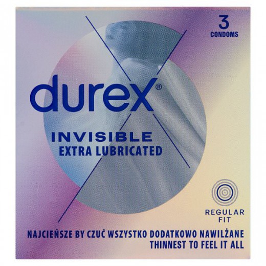 Durex Invisible, prezerwatywy supercienkie, dodatkowo nawilżane, 3 sztuki