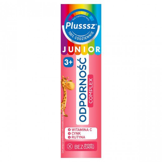 Plusssz Junior Odporność Complex, dla dzieci powyżej 3 lat, smak malina-truskawka, 20 tabletek musujących