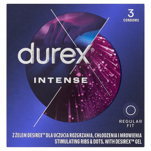 Durex Intense, prezerwatywy z żelem stymulującym, prążkowane z wypustkami, 3 sztuki