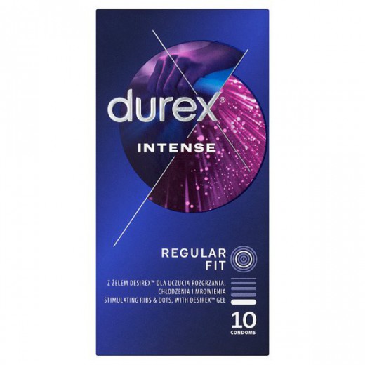 Durex Intense, prezerwatywy z żelem stymulującym, prążkowane z wypustkami, 10 sztuk