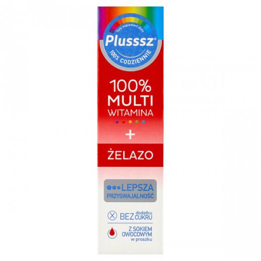 Plusssz 100% Multiwitamina + Żelazo, smak wiśnia-pomarańcza, 20 tabletek musujących