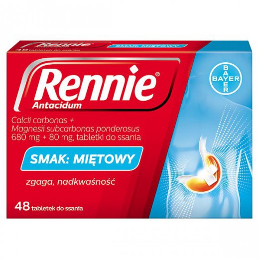 Rennie Antacidum 680 mg + 80 mg, smak miętowy, 48 tabletek do ssania