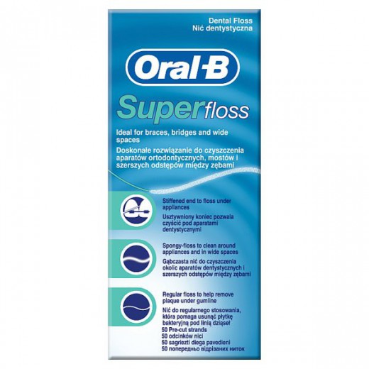 Oral-B Super Floss, nitka dentystyczna do czyszczenia aparatów ortodontycznych i mostów, 50 sztuk