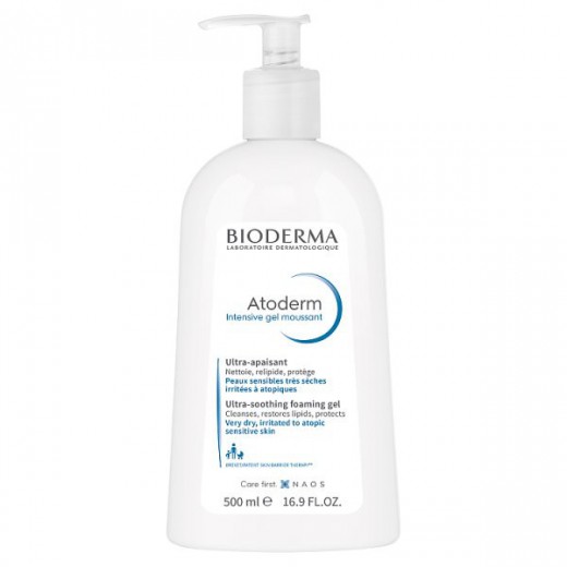 Bioderma Atoderm Intensive Gel Moussant, delikatnie oczyszczający żel, redukujący swędzenie skóry, bez mydła, 500 ml