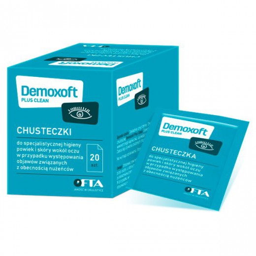 Demoxoft Plus Clean, chusteczki do specjalistycznej higieny powiek i skóry wokół oczu, 20 sztuk