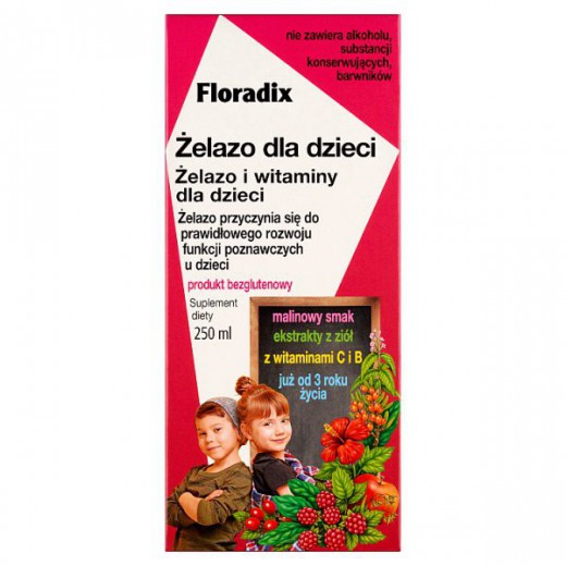 Floradix Żelazo dla dzieci 3+, smak malinowy, 250ml