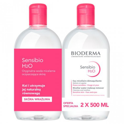 Bioderma Sensibio H2O, woda micelarna, skóra wrażliwa, 2 x 500 ml
