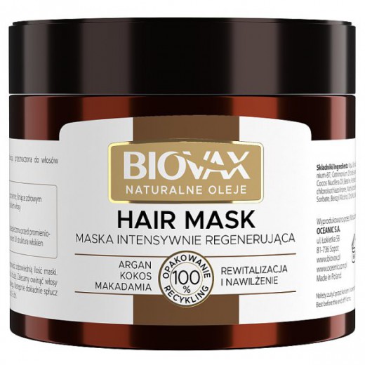 Biovax, maska intensywnie regenerująca do włosów, argan, kokos i makadamia, 250 ml