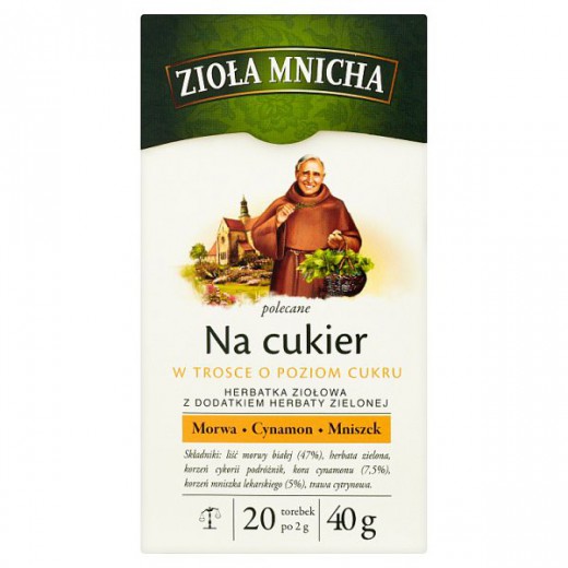 Zioła Mnicha, Herbatka ziołowa z dodatkiem herbaty zielonej, Na cukier, 20 x 2 g
