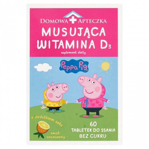 Musująca Witamina D3 Świnka Peppa, od 3 lat, smak ananasowy, 60 tabletek do ssania
