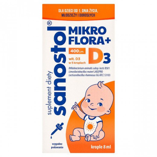Sanostol Mikroflora + D3, od 1 dnia życia, krople, 8 ml