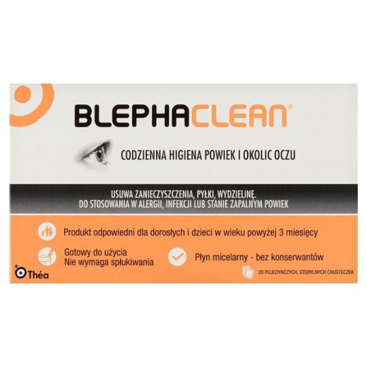 Blephaclean, chusteczki hypoalergiczne do higieny powiek, 20 sztuk