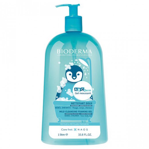 Bioderma ABCDerm Gel Moussant, łagodny żel myjący dla niemowląt i dzieci, do włosów i ciała, 1 L