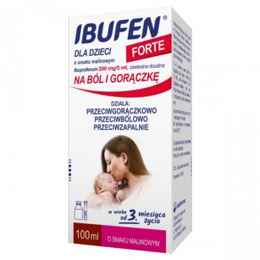 Ibufen dla dzieci Forte o smaku malinowym 200 mg/ 5ml, zawiesina doustna od 3 miesiąca, 100ml