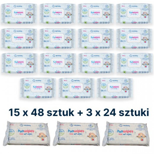 Pakiet 15+3, H2Owipes kids, chusteczki nawilżane water wipes, 15 x 48 sztuk + 3 x 24 sztuki