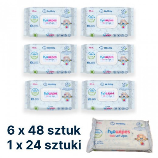 Pakiet 6+1, H2Owipes kids, chusteczki nawilżane water wipes, 6 x 48 sztuk + 1 x 24 sztuki