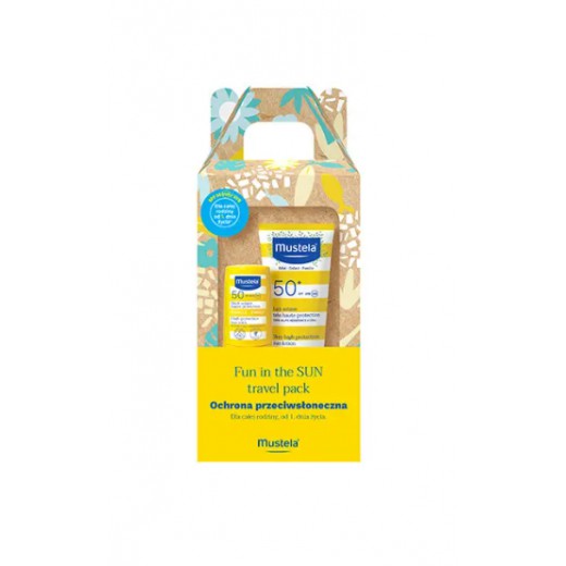 Zestaw Mustela Fun In The Sun, Travel Pack, mleczko przeciwsłoneczne SPF 50+, 40 ml + sztyft przeciwsłoneczny SPF 50+, 9 ml