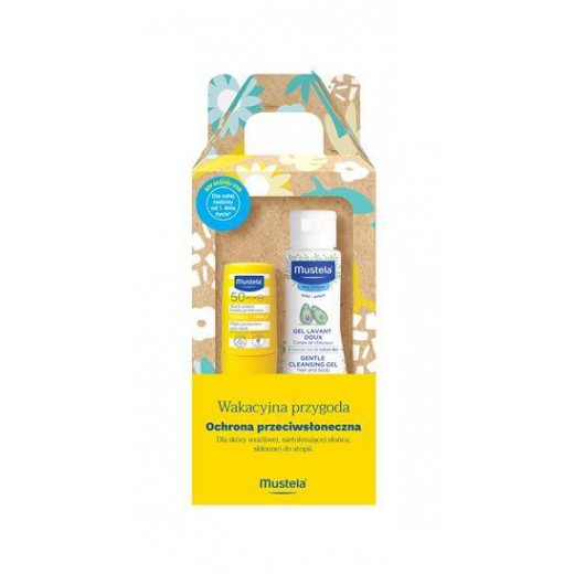 Zestaw Mustela, Wakacyjna Przygoda, żel do mycia, 100 ml + sztyft przeciwsłoneczny SPF 50+, 9 ml