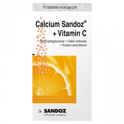 Calcium-Sandoz + Vitamina C 260mg + 1000mg, smak pomarańczowy, 10 tabletek musujących