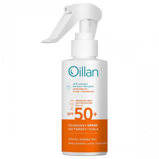 Oillan, ochronny spray przeciwsłoneczny do twarzy i ciała z filtrem SPF50 do skóry wrażliwej, 125 ml