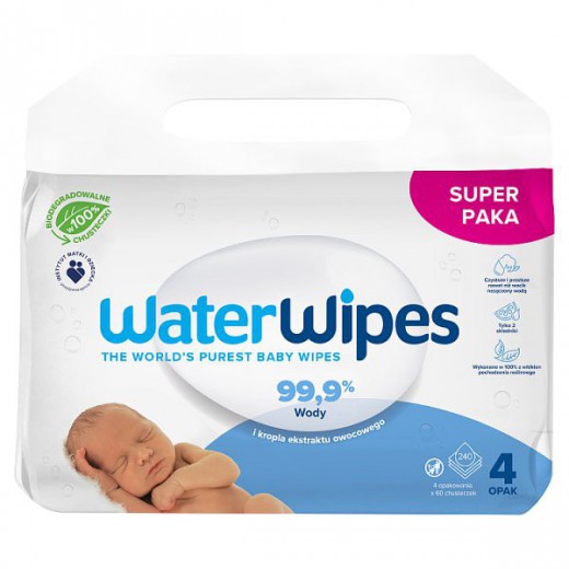 WaterWipes Bio, chusteczki nawilżane, wodne, od urodzenia, 4 x 60 sztuk