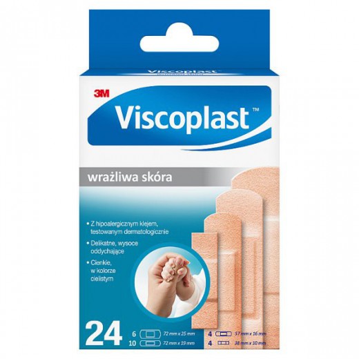 Plastry Viscoplast Wrażliwa skóra, zestaw plastrów, 4 rozmiary, 24 sztuki