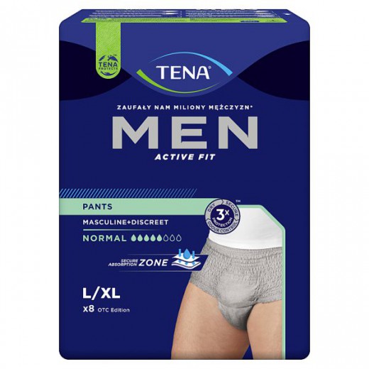 Tena Men Pants, majtki chłonne dla mężczyzn, Normal, szare, L/XL, 8 sztuk