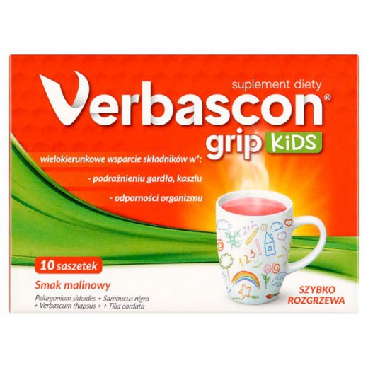 Verbascon Grip Kids, proszek do rozpuszczania, smak malinowy, 10 saszetek