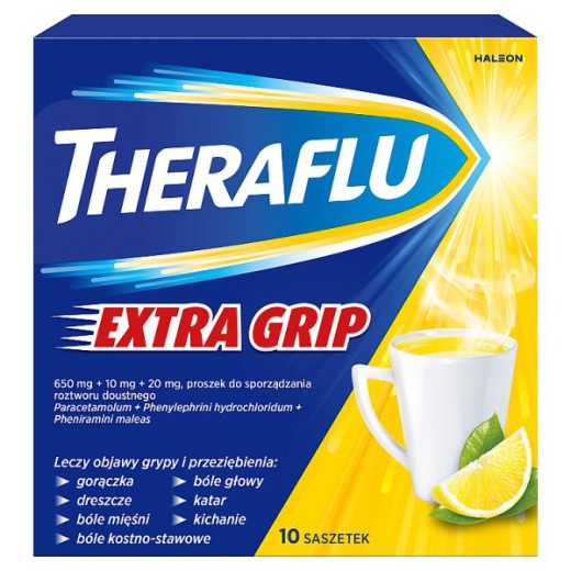 Theraflu Extra Grip 650mg+10mg+20mg, proszek do sporządzania roztworu doustnego, 10 saszetek