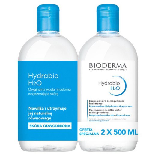 Bioderma Hydrabio H2O, nawilżający płyn micelarny do demakijażu, skóra odwodniona, 2 x 500 ml