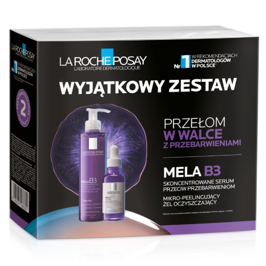 La Roche-Posay Mela B3, Xmass 2024, zestaw pielęgnacyjny przeciw przebarwieniom, serum, 30 ml + żel peelingujący, 200 ml