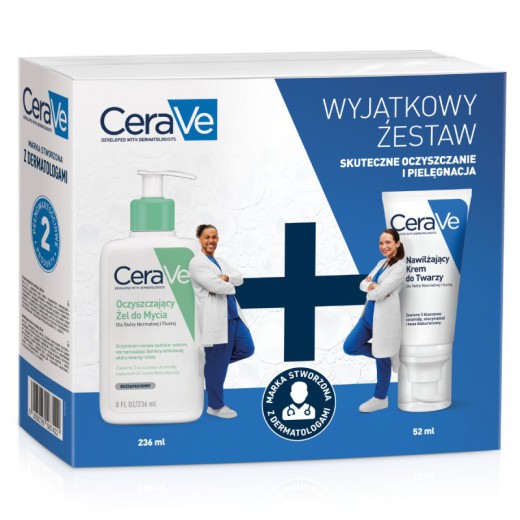 Zestaw CeraVe, Xmass 2024, zestaw kosmetyków, oczyszczający żel do mycia, 236 ml + nawilżający krem do twarzy, 52 ml