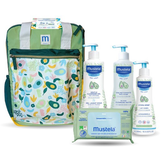 Mustela Plecak wyprawkowy, żel do mycia + woda oczyszczająca + mleczko do ciała + chusteczki nawilżane
