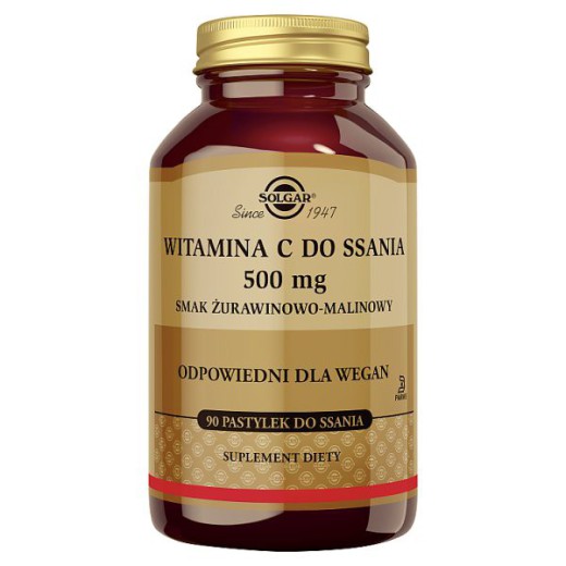 Solgar Witamina C 500mg, pastylki do ssania żurawinowo-malinowe, 90 szt.