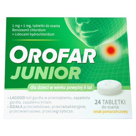 Orofar Junior, dla dzieci powyżej 6 lat, smak pomarańczowy, 24 tabletki do ssania