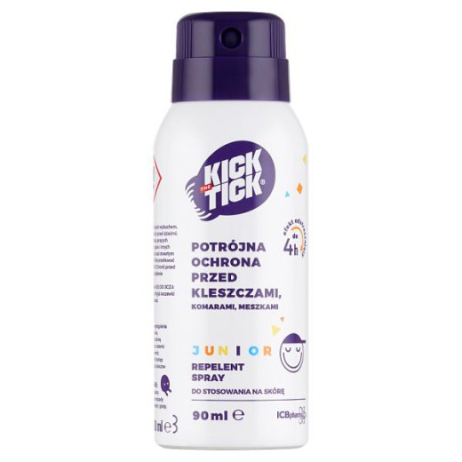 Kick the Tick Junior, potrójna ochrona przed kleszczami, komarami i meszkami, spray do stosowania na skórę, 90 ml