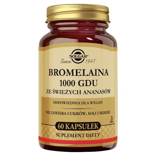 Solgar Bromelaina 1000 GDU ze świeżych ananasów, 60 kapsułek