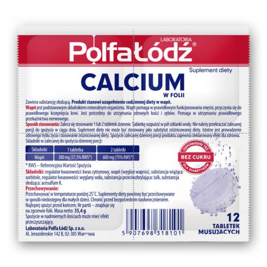 Calcium w folii, 12 tabletek musujących, (Polfa Łódź)