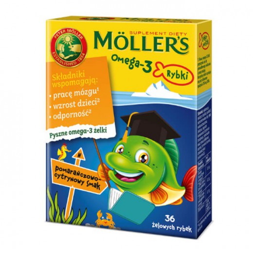 Tran Moller's Omega-3 Rybki, pomarańczowo-cytrynowe, 36 sztuk