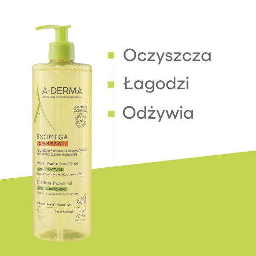 A-Derma Exomega Control, olejek emolient pod prysznic, skóra sucha, skłonna do atopii, od urodzenia, 750 ml