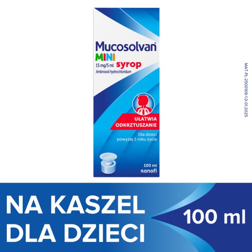 Mucosolvan Mini 15 mg/ 5 ml, syrop dla dzieci powyżej 1 roku, smak owoców leśnych, 100 ml