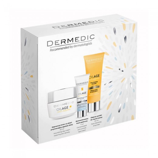 Zestaw DERMEDIC Oilage, odżywczy krem na dzień, 50ml + olejowy syndet, 25ml + krem pod oczy, 7ml
