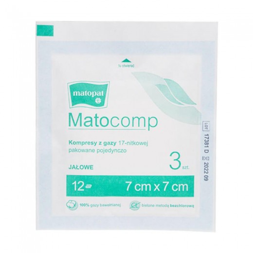 Kompresy MATOCOMP, jałowe, 7cmx7cm, 17-nitkowe, 12-warstwowe, 3 sztuki